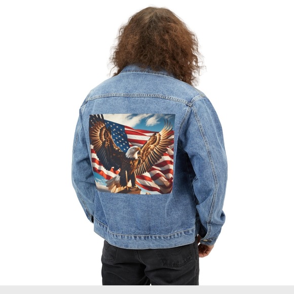 Men’s Denim Button Up Jacket, American Patriotic Flag Eagle Original Art, XXL - Picture 3 of 5
